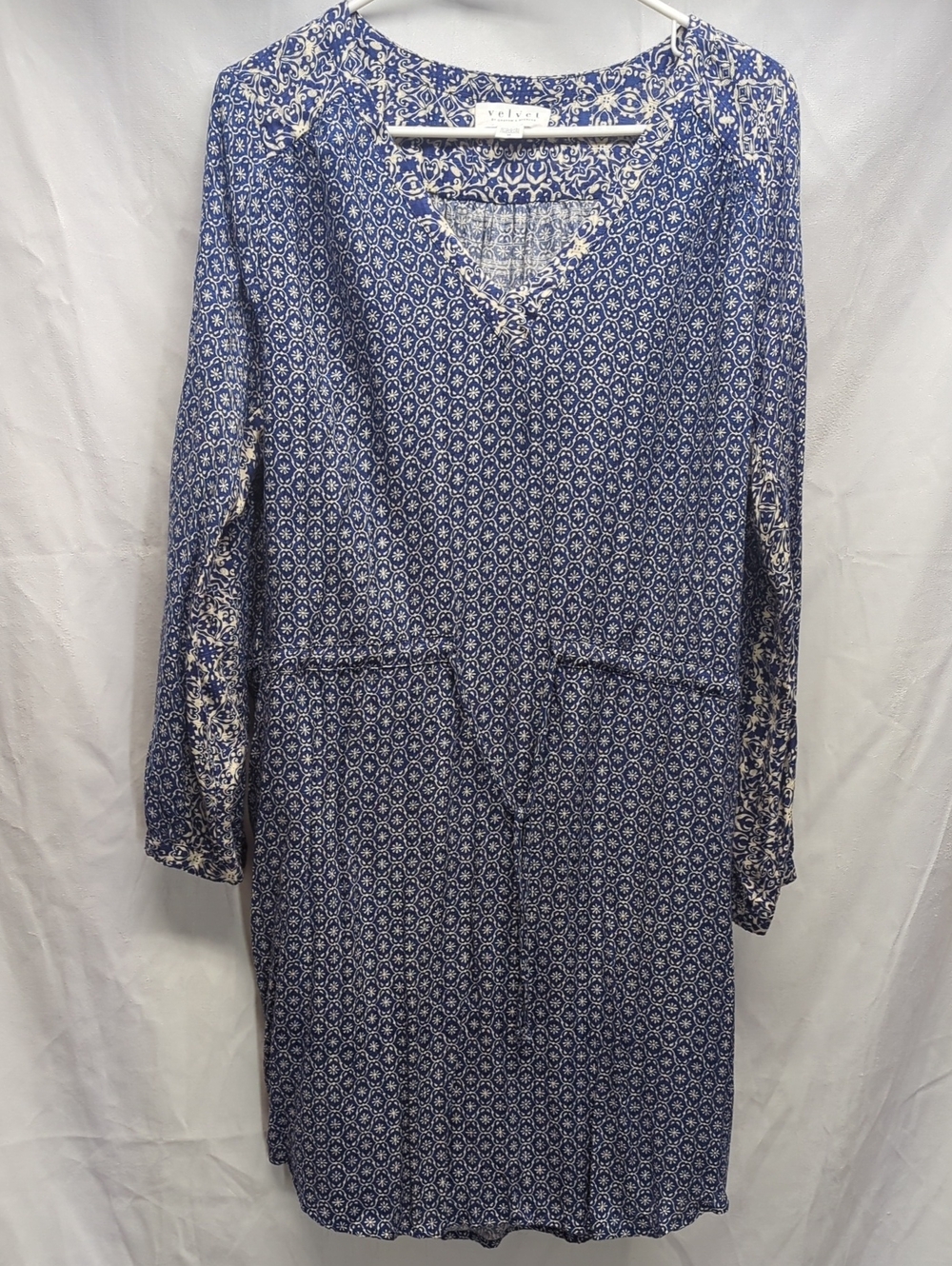 Velvet by Graham & Spencer Navy and Cream Printed Long-Sleeve Dress